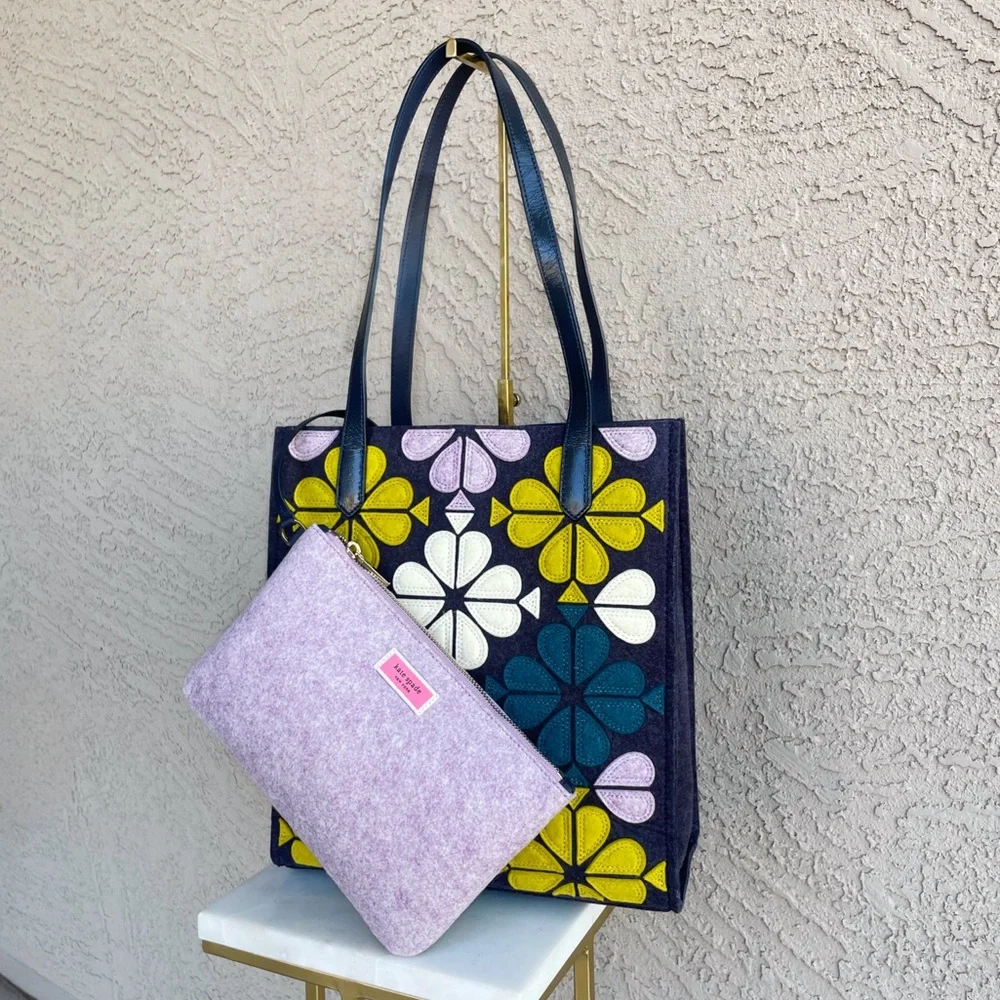 KATE SPADE Blue Purple Kitt North South Floral Felt Tote Bag & Matching Pouch
